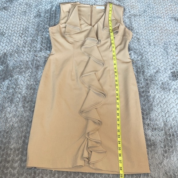 Anthropologie Calvin Klein Tan Ruffle Front Sleeveless Midi Dress.   Size 10. - Picture 11 of 13